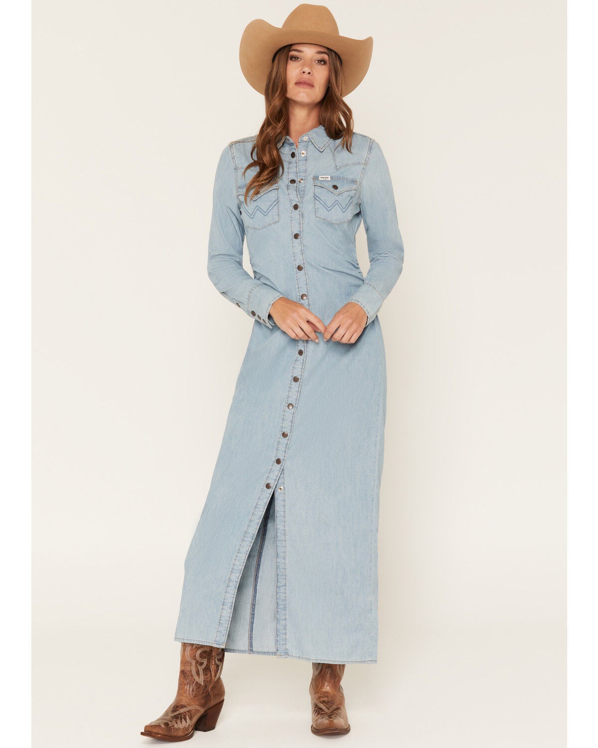 Wrangler Women's Light Wash Long Sleeve Cinched Waist Maxi Dress, Light Wash, hi-res