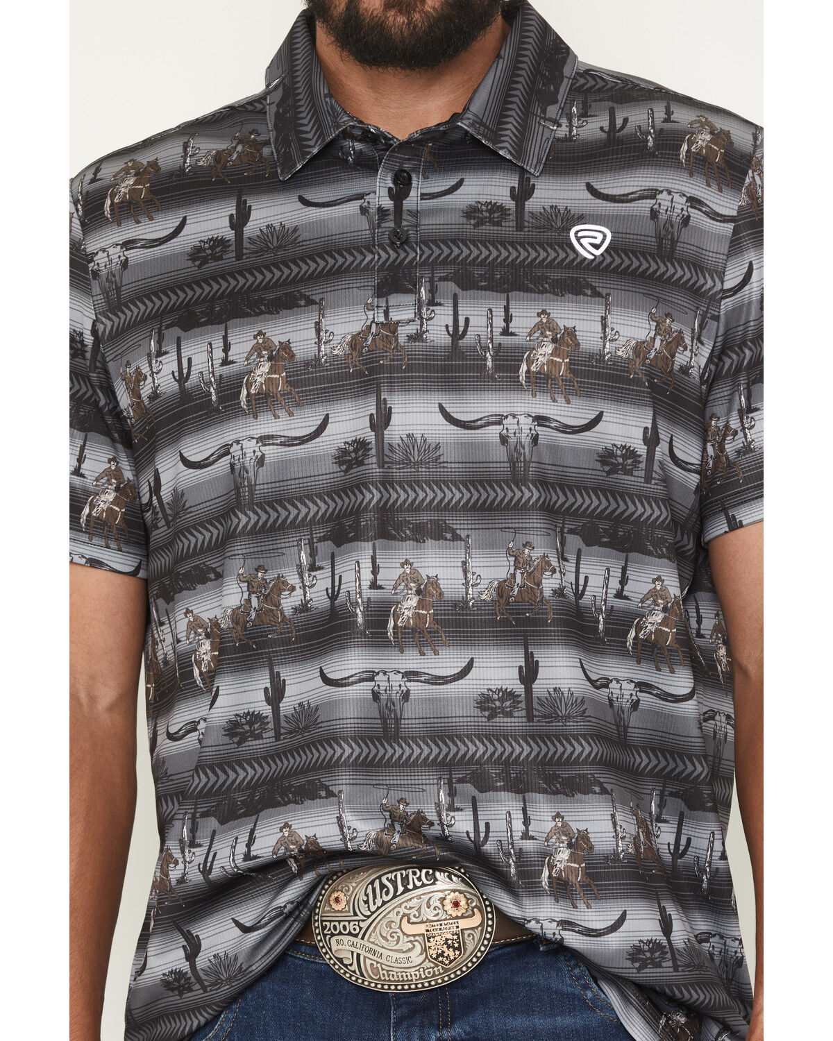 Image #3 - Rock & Roll Denim Men's Steerhead Print Short Sleeve Button-Down Stretch Polo Shirt, Black, hi-res