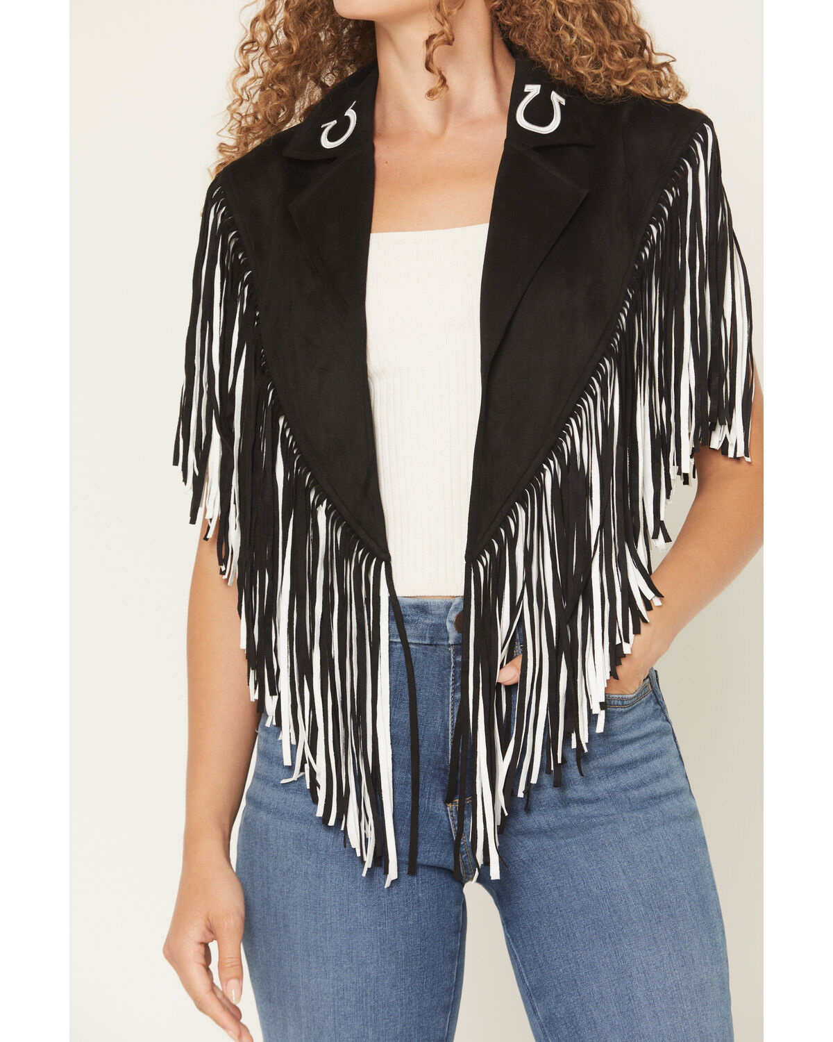 Image #3 - Saints & Hearts Women's Faux Suede Horseshoe Fringe Cape, Black, hi-res