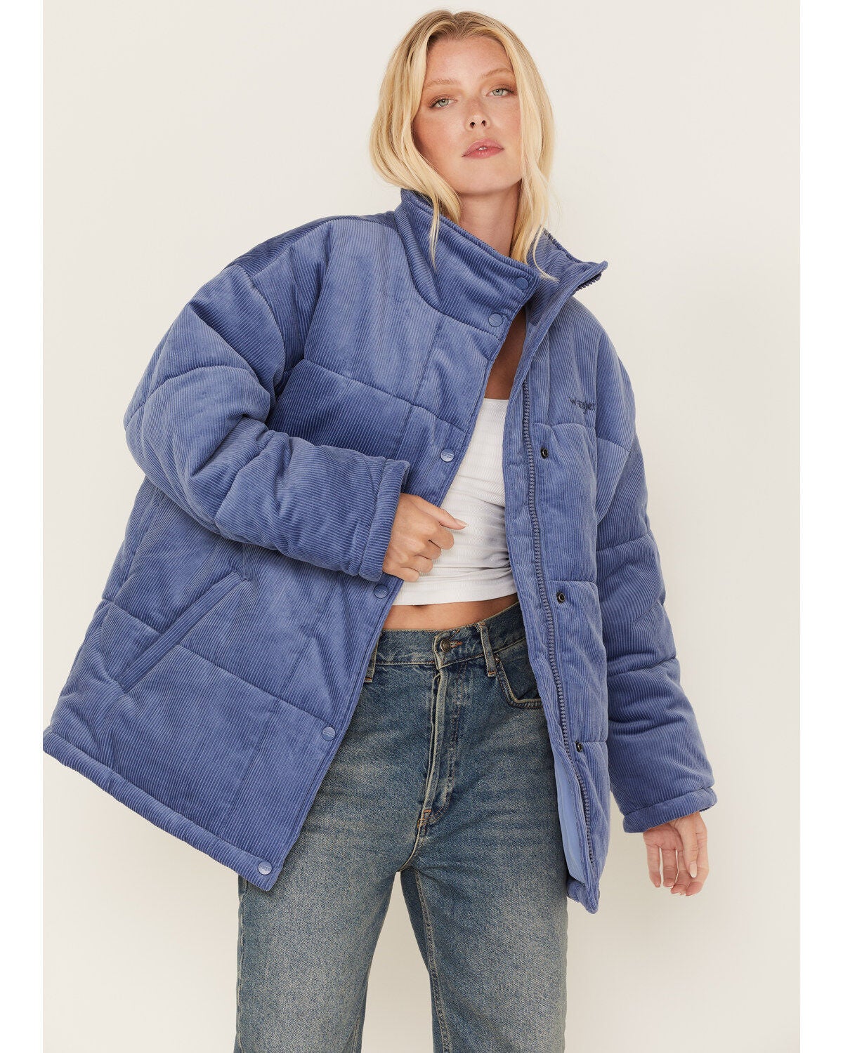 Wrangler Women's Corduroy Oversized Puffer Jacket, Blue, hi-res