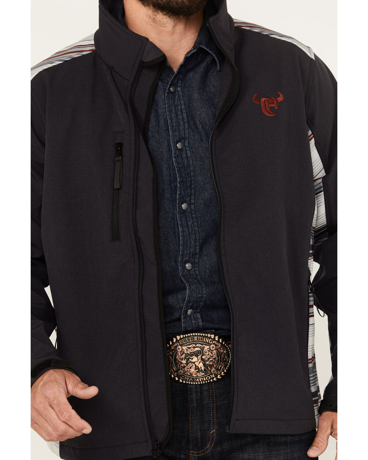 Image #3 - Cowboy Hardware Men's Serape Block Softshell Jacket, Dark Grey, hi-res