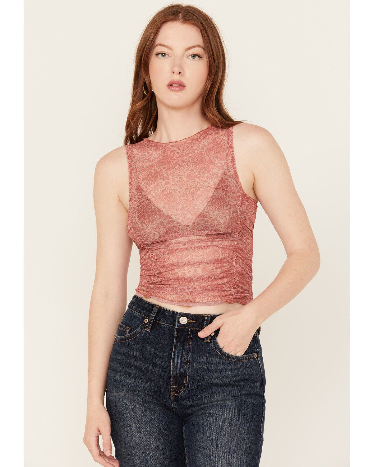 Rock & Roll Denim Women's Paisley Print Mesh Tank, Pink, hi-res