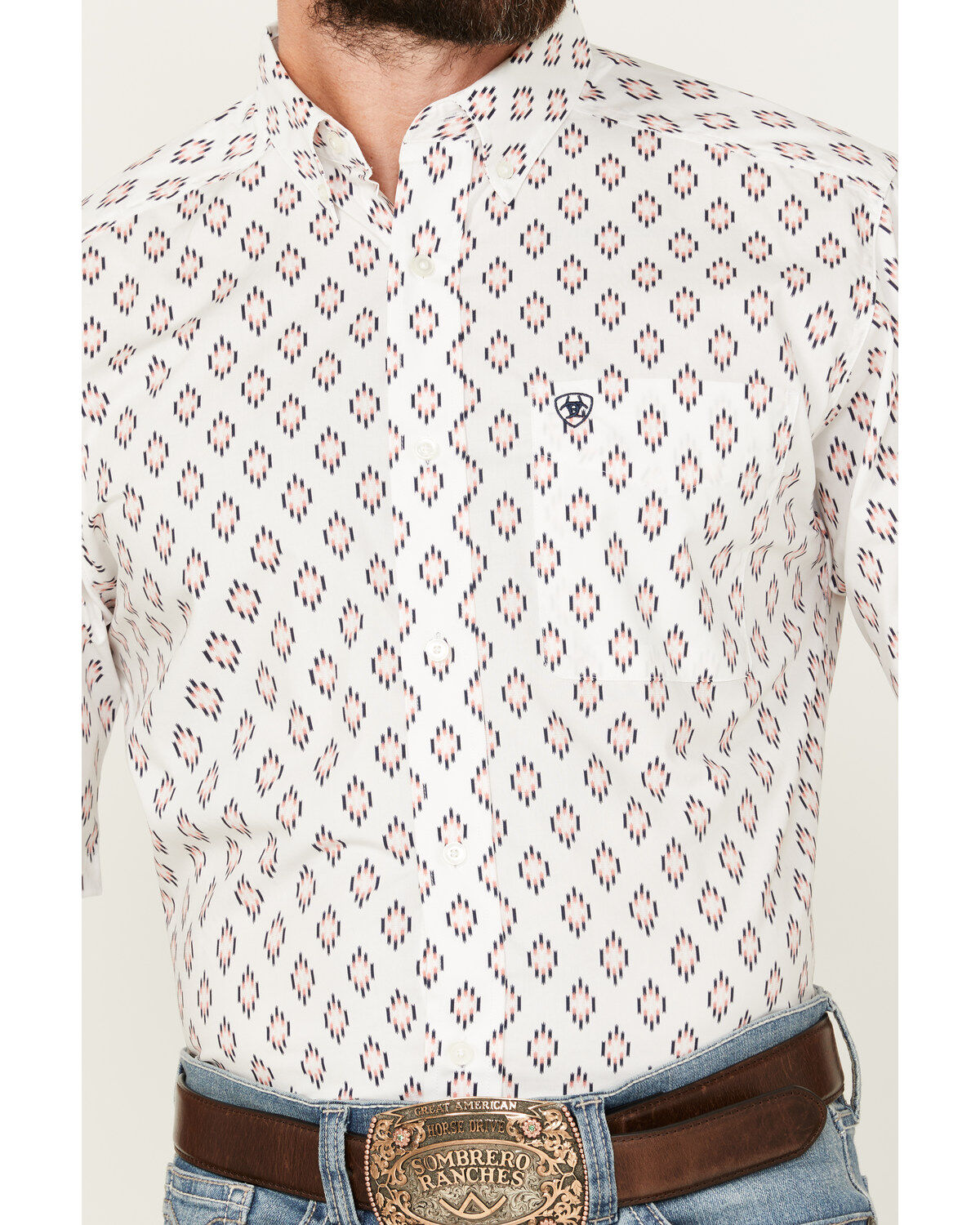 Image #3 - Ariat Men's Terrance Southwestern Print Short Sleeve Button-Down Western Shirt, White, hi-res