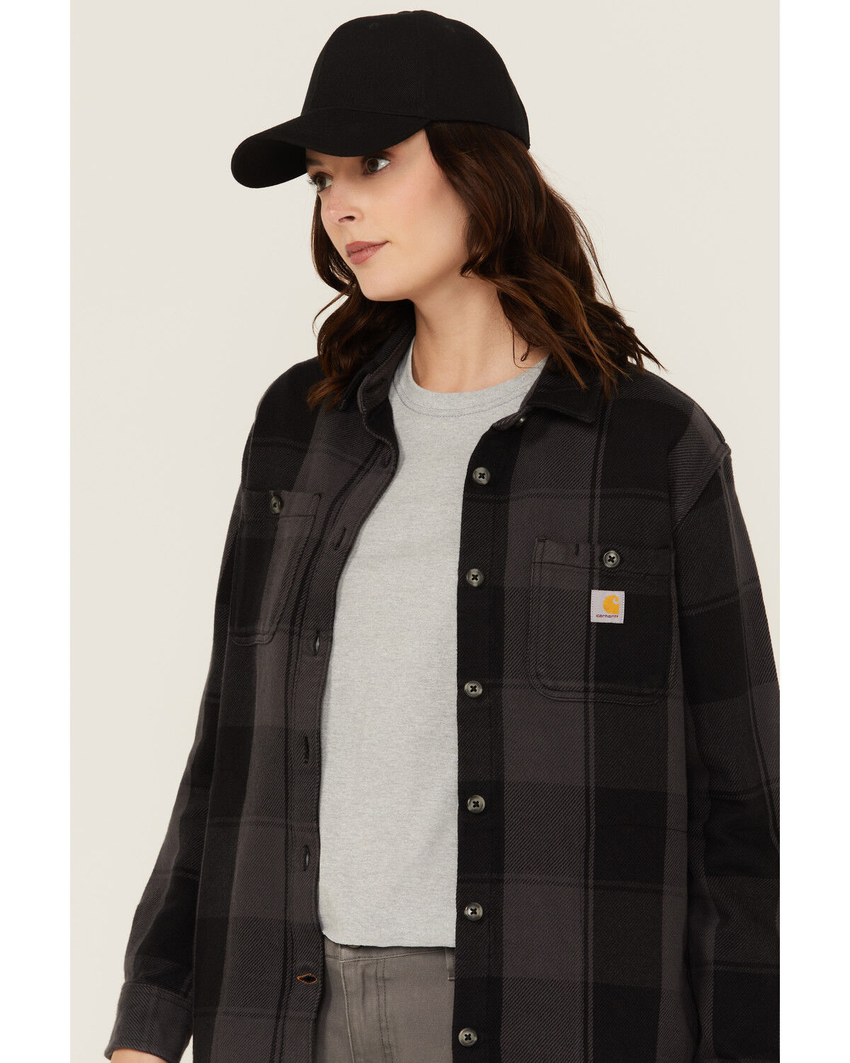 Image #2 - Carhartt Women's Rugged Flex® Loose Fit Heavyweight Duck Long Sleeve Button-Down Shacket, Black, hi-res
