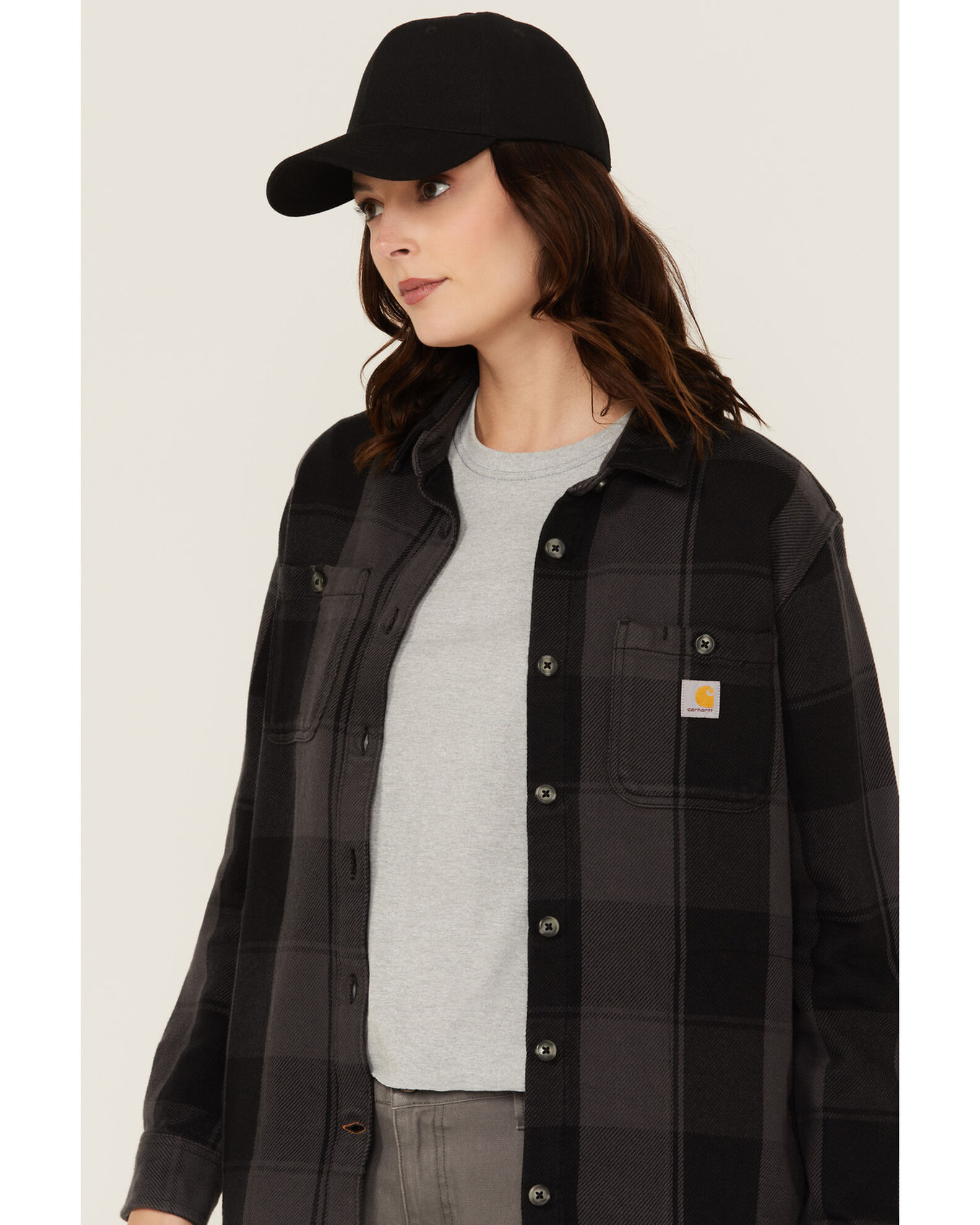 Image #2 - Carhartt Women's Rugged Flex® Loose Fit Heavyweight Duck Long Sleeve Button-Down Shacket, Black, hi-res