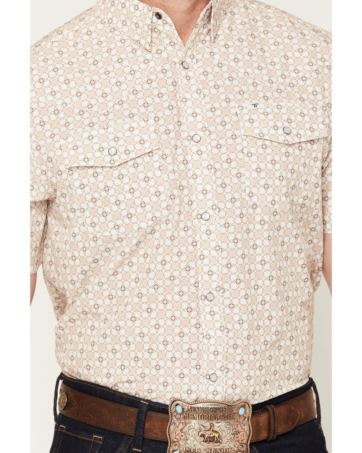 Image #3 - Ferrell Men's Callen Tek Medallion Print Short Sleeve Pearl Snap Stretch Western Shirt, Tan, hi-res