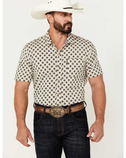 Ariat Men's Retro Medallion Print Short Sleeve Button-Down Stretch Western Shirt , Beige, hi-res
