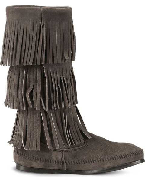 Image #2 - Minnetonka Women's Three Layer Fringe Boots, Grey, hi-res