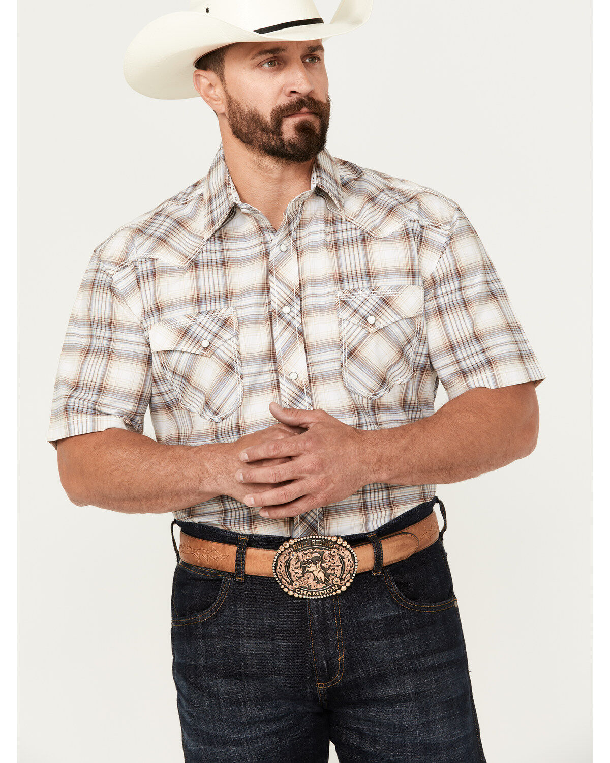 Image #1 - Rough Stock by Panhandle Men's Ombre Plaid Print Short Sleeve Pearl Snap Western Shirt, , hi-res