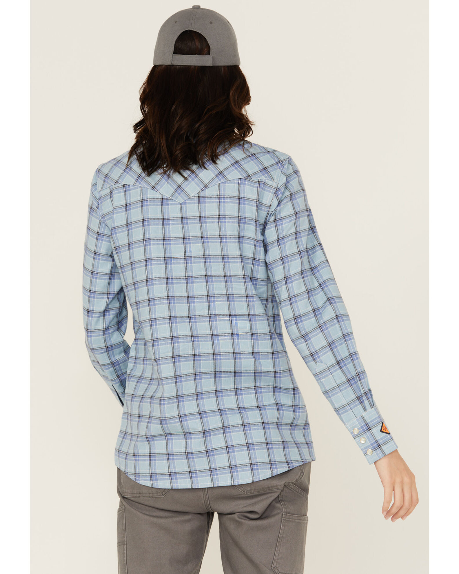 Image #4 - Wrangler Women's FR Riverside Plaid Print Long Sleeve Snap Work Shirt, Blue, hi-res