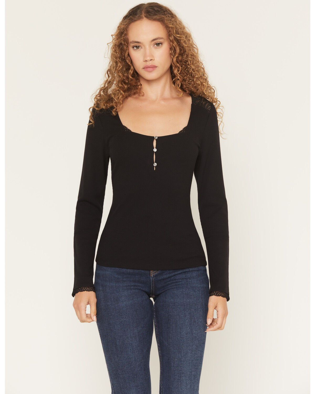 Image #1 - Idyllwind Women's Sugarhill Lace Long Sleeve Ribbed Shirt, Black, hi-res