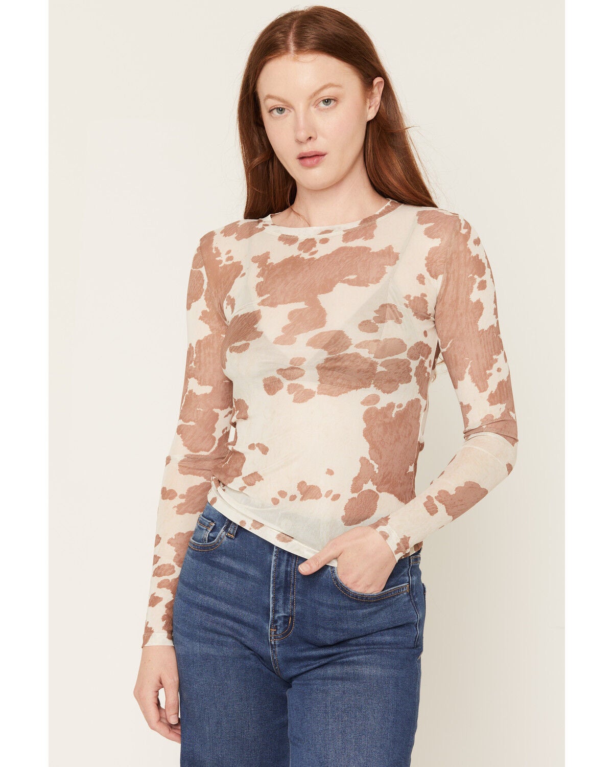 Shyanne Women's Farris Cow Print Long Sleeve Mesh Top, Natural, hi-res
