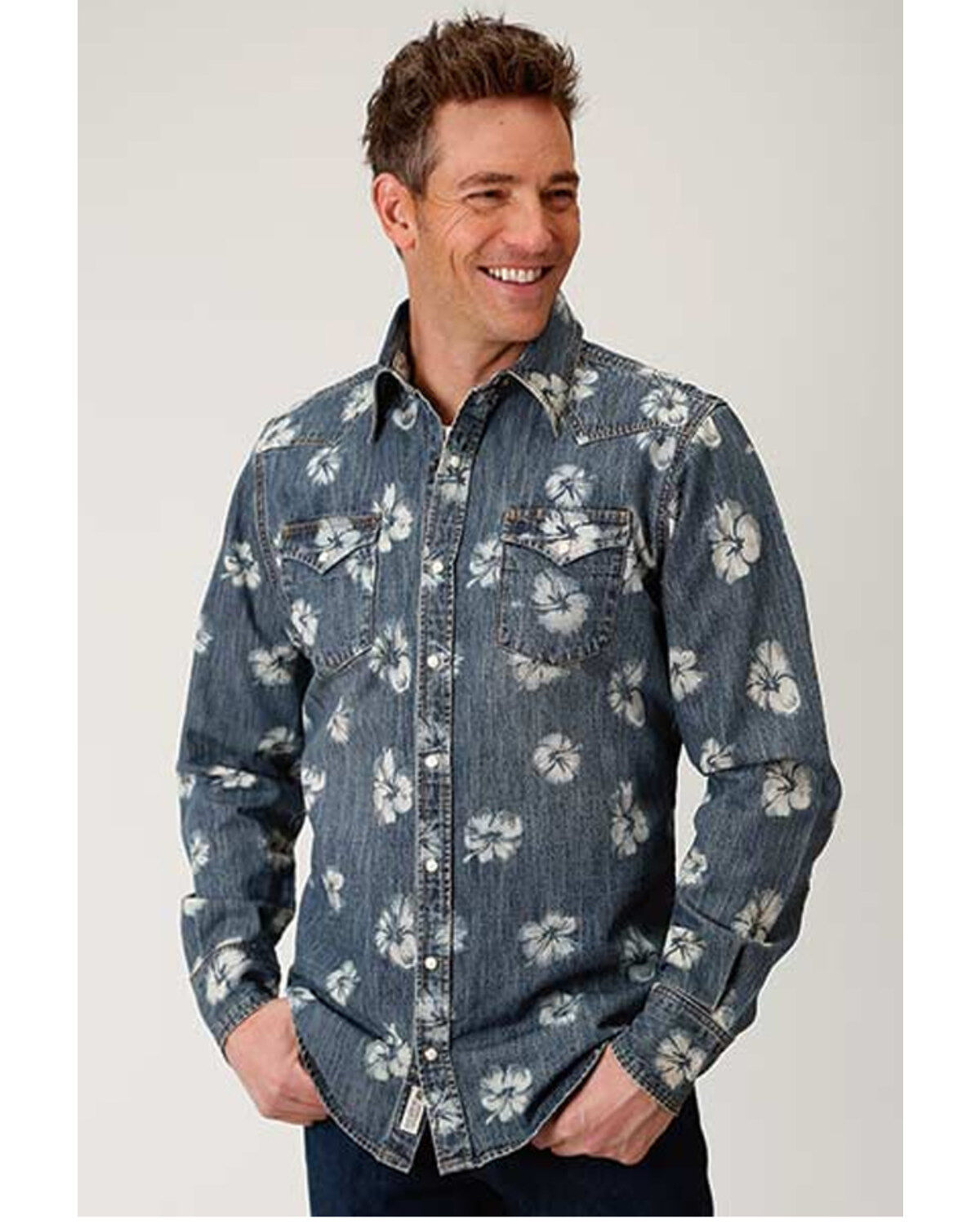 Image #1 - Stetson Men's Original Rugged Denim Floral Print Long Sleeve Pearl Snap Western Shirt, , hi-res