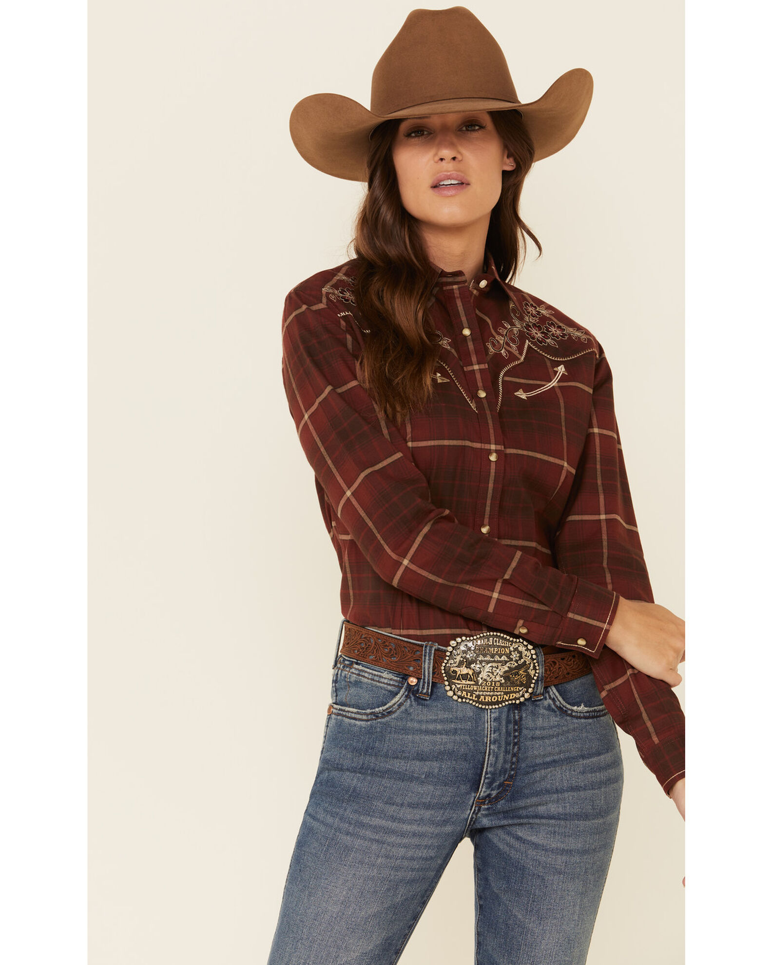 Panhandle Women's Plaid Floral Embroidered Yoke Long Sleeve Western Shirt