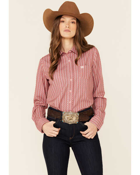 Cinch Women's ARENAFLEX Arrow Geo Print Long Sleeve Button Down Western Core Shirt , Pink, hi-res