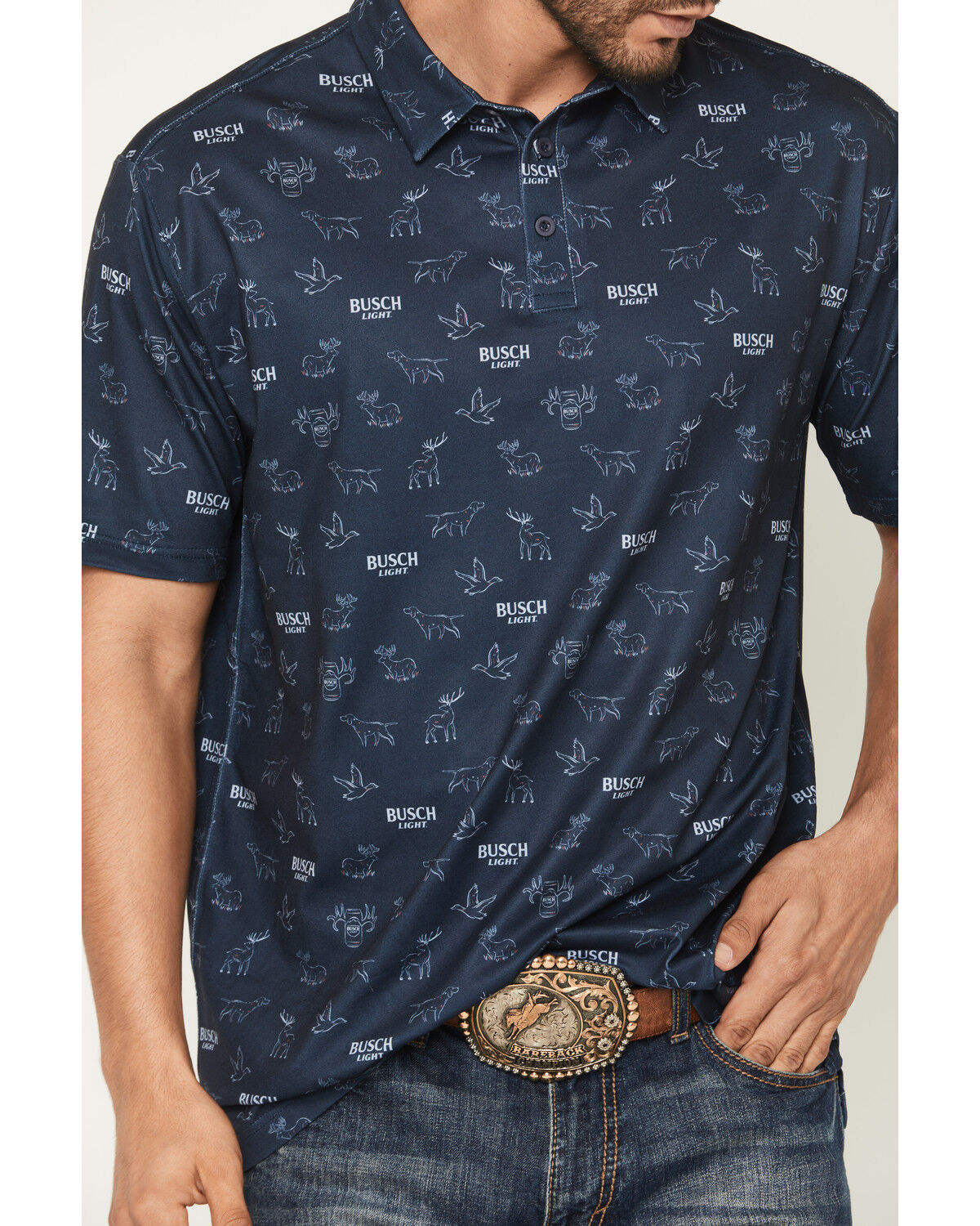 Image #3 - Buckwear Men's Busch Light Repeat Short Sleeve Polo, Navy, hi-res