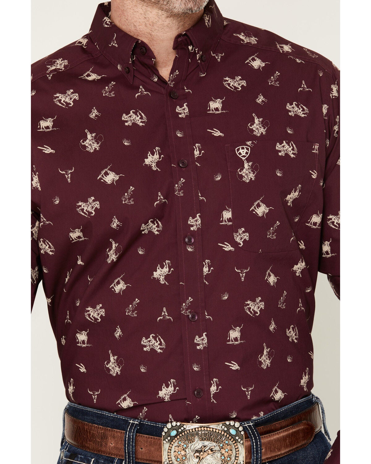 Image #3 - Ariat Men's Canaan Cowboy Print Long Sleeve Button-Down Western Shirt, Burgundy, hi-res