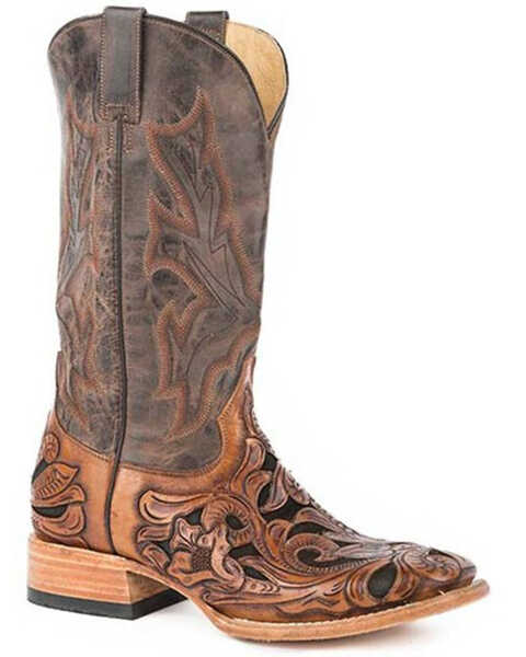 Image #1 - Stetson Men's Handtooled Wicks Inlay Western Boots - Broad Square Toe , Brown, hi-res