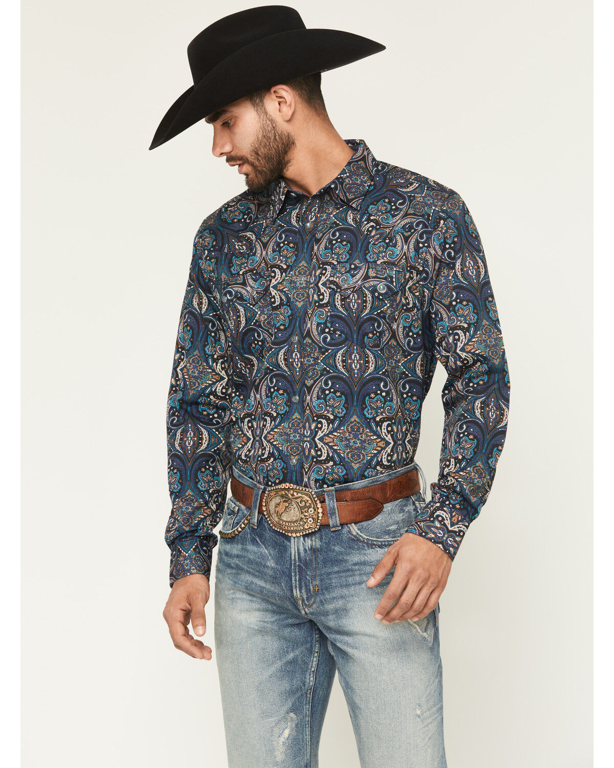 Image #1 - Moonshine Spirit Men's Show Stopper Floral Print Long Sleeve Snap Western Shirt, Blue, hi-res