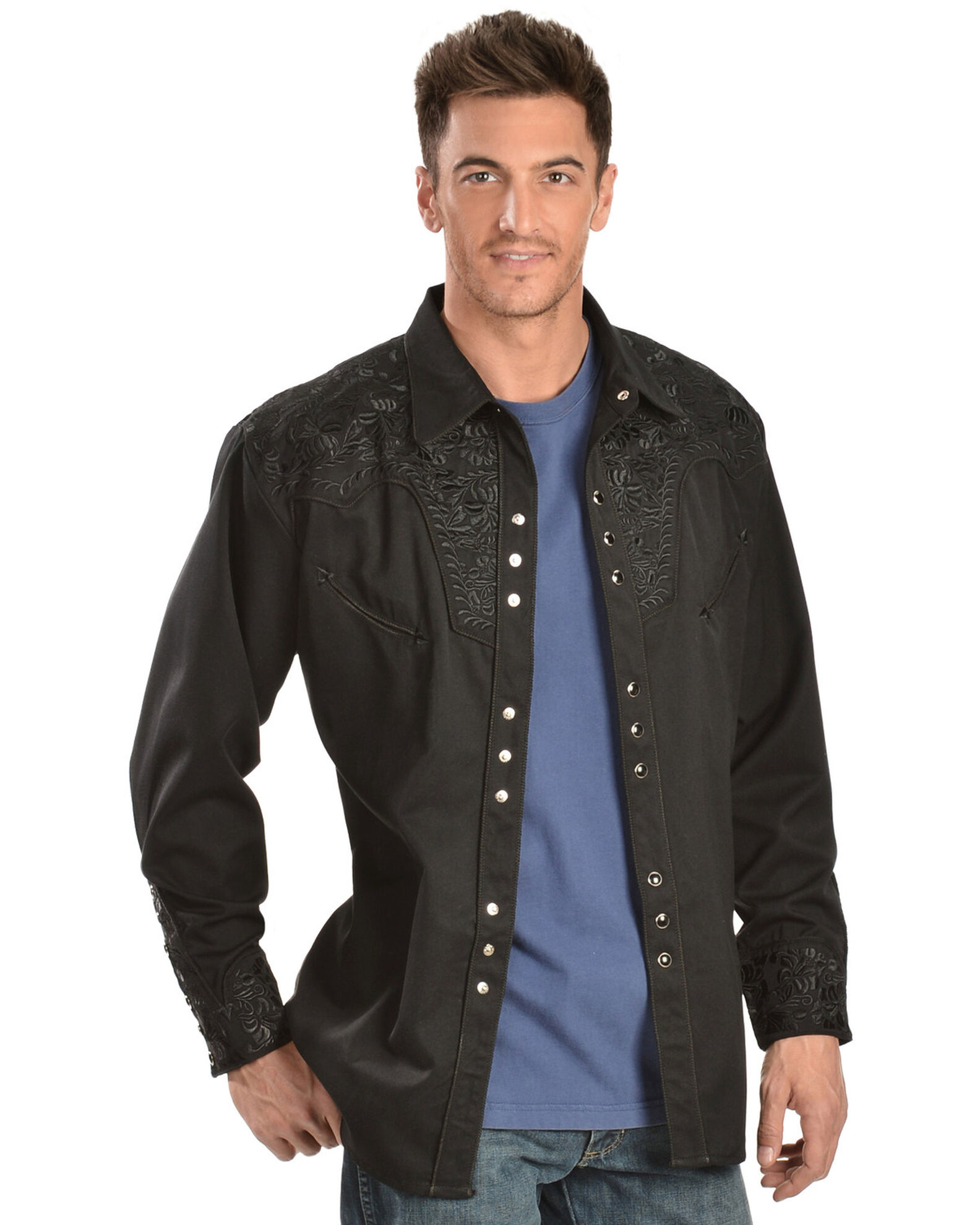 Image #1 - Scully Men's Floral Embroidered Retro Long Sleeve Snap Western Shirt, Jet Black, hi-res
