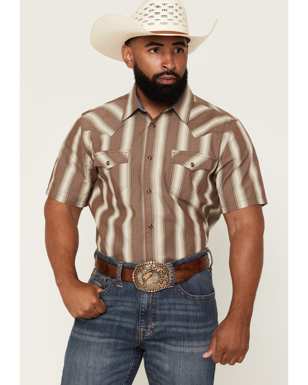 Cody James Men's Gopher Striped Print Short Sleeve Snap Western Shirt, Brown, hi-res