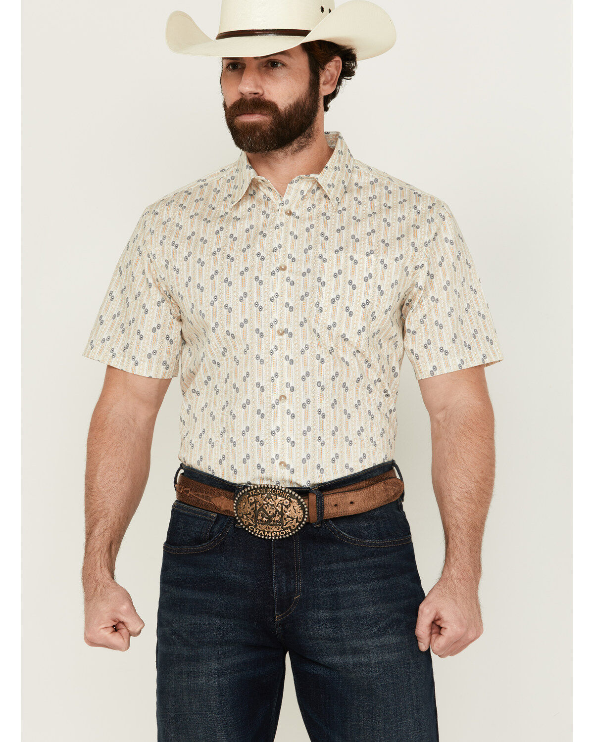 Image #1 - Gibson Men's Vintage Vibe Geo Print Short Sleeve Button-Down Western Shirt, Ivory, hi-res