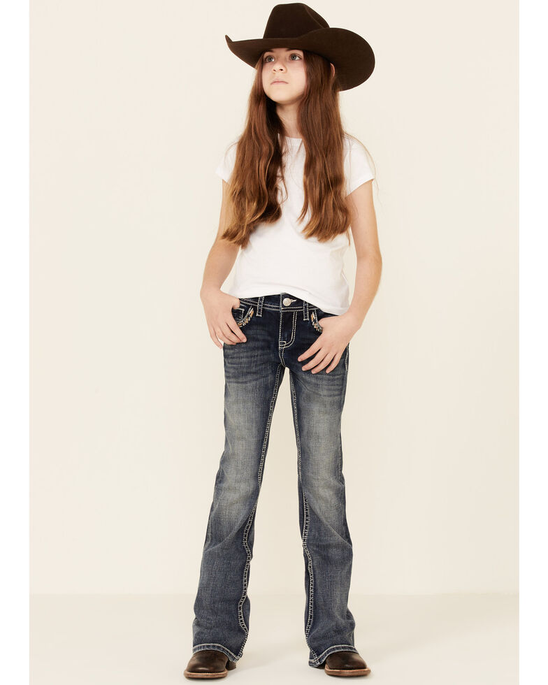 Grace In LA Girls' Medium Wash Embroidered Border Pocket Bootcut Jeans , Blue, hi-res