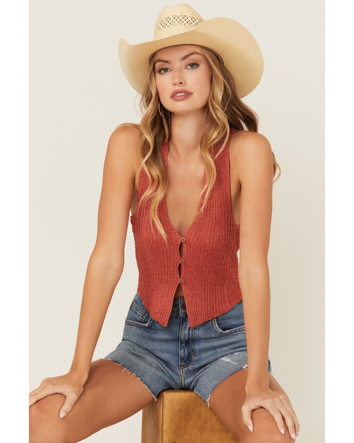 Free People Women's Seascapes Knit Vest, Orange, hi-res