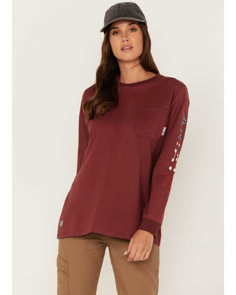 Ariat Women's FR Stretch USA Logo Long Sleeve Work T-Shirt , Dark Red, hi-res