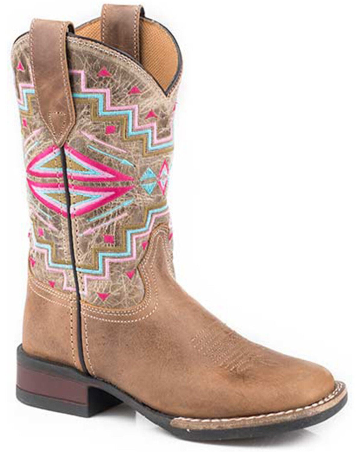Roper Little Girls' Monterey Southwestern Western Boots - Broad Square Toe, Brown, hi-res