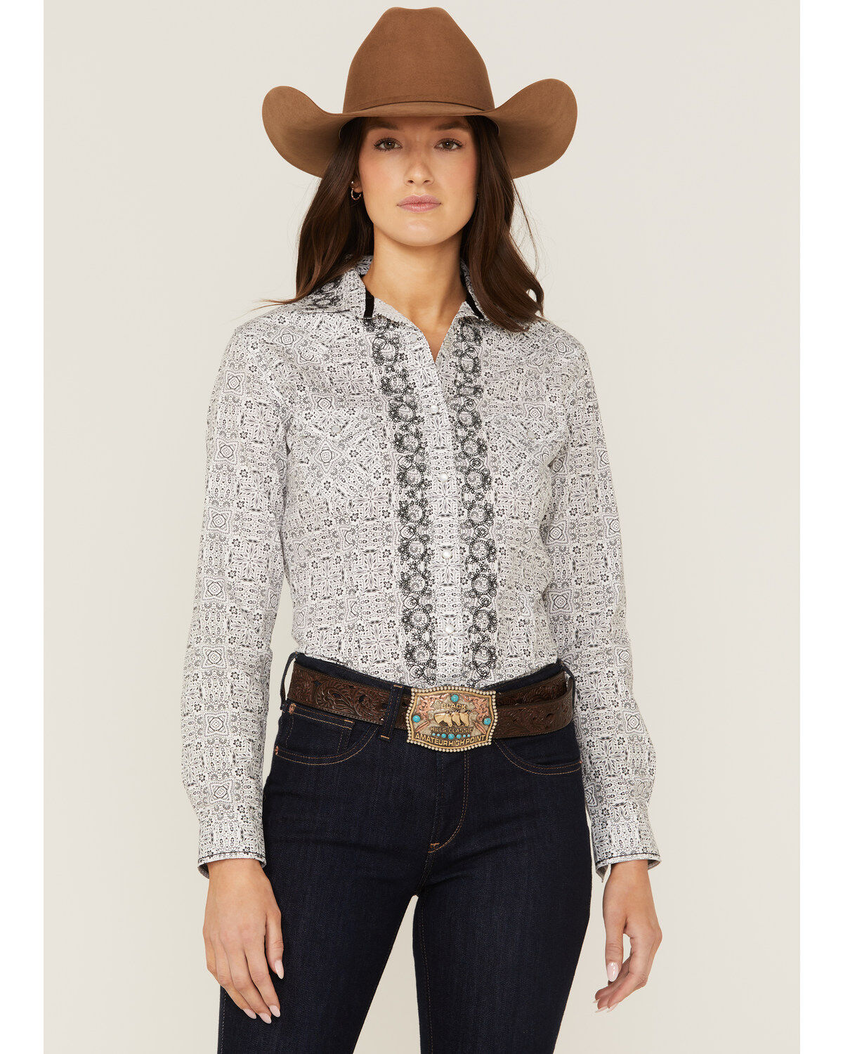 Image #1 - Panhandle Women's Digital Bandana Print Pearl Snap Western Shirt, White, hi-res