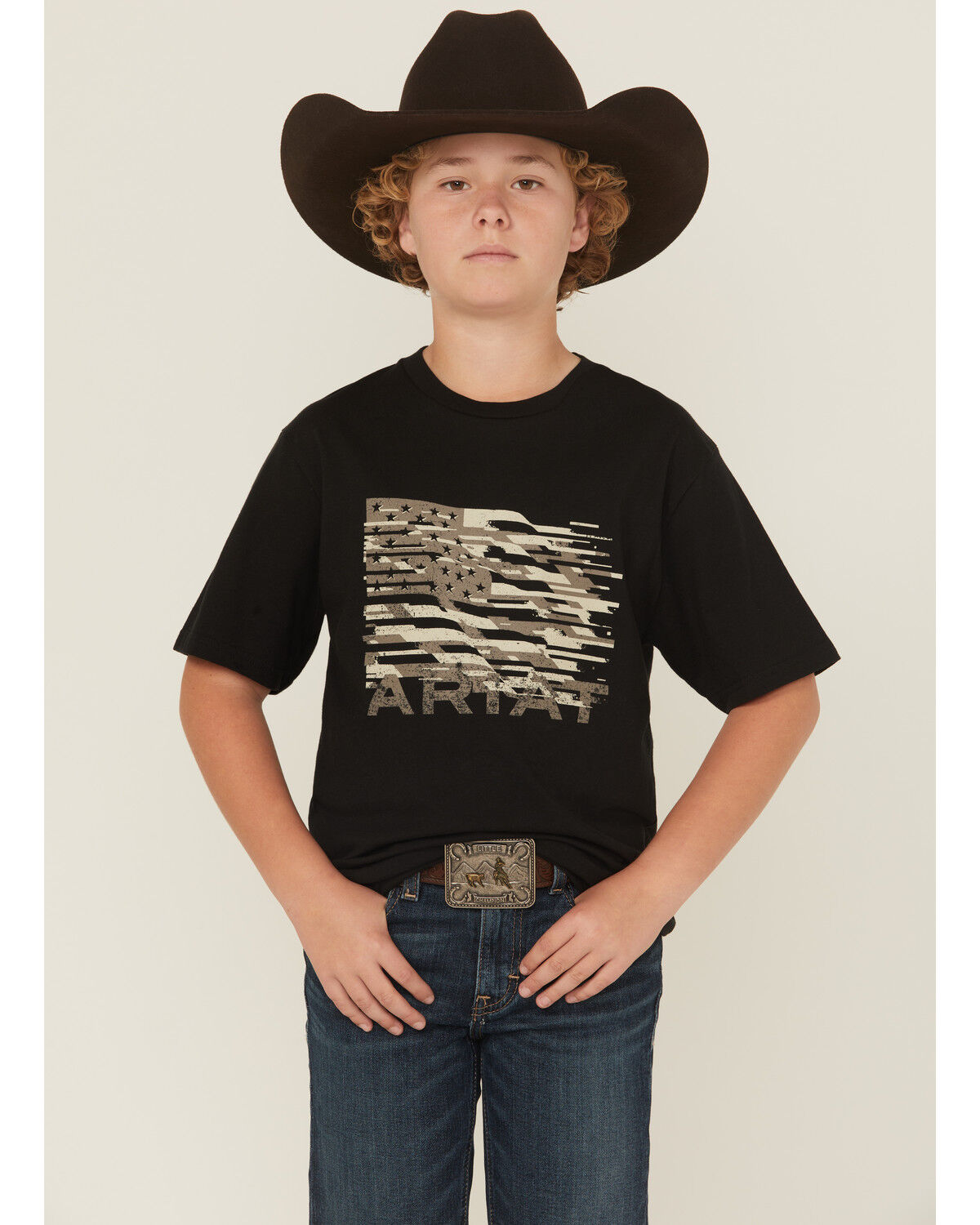 Image #1 - Ariat Boys' Freedom Flag Short Sleeve Graphic T-Shirt, Black, hi-res