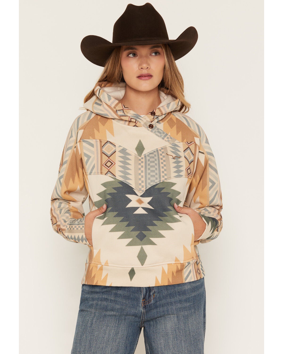 Image #1 - Kimes Ranch Women's Ella Southwestern Print Hoodie, Sand, hi-res
