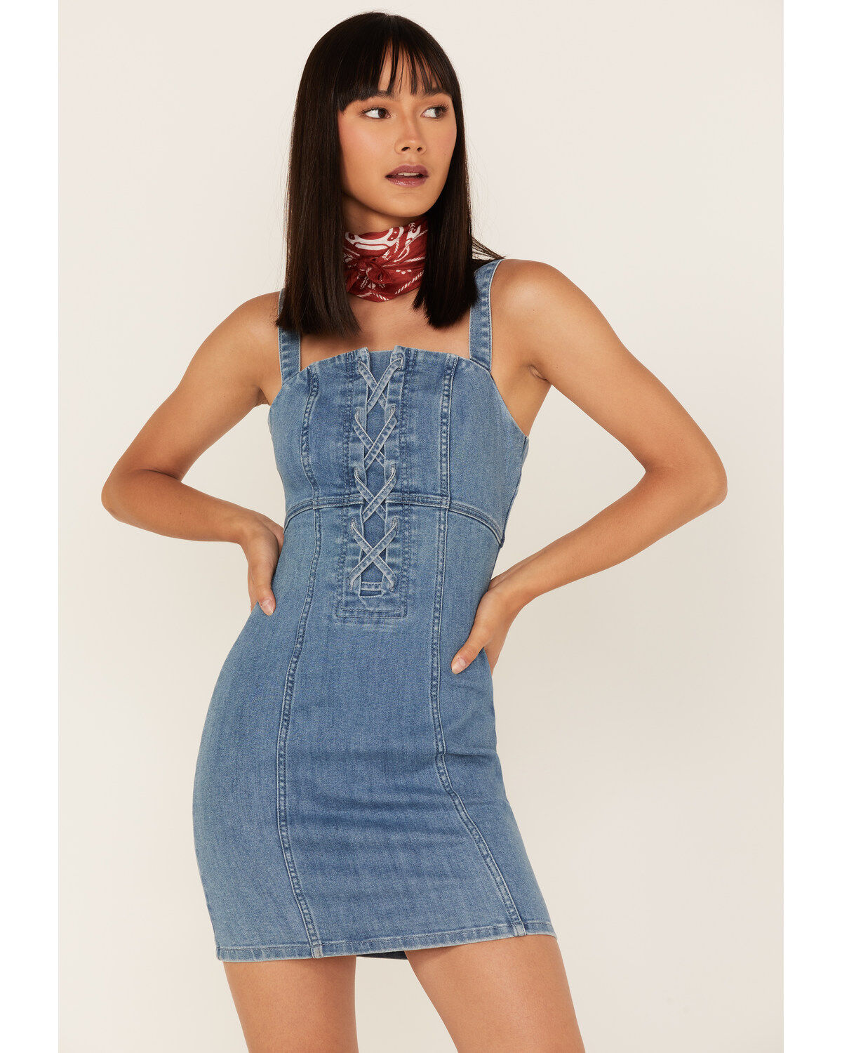 Image #1 - Shyanne Women's Light Wash Lace-Up Denim Mini Dress, , hi-res