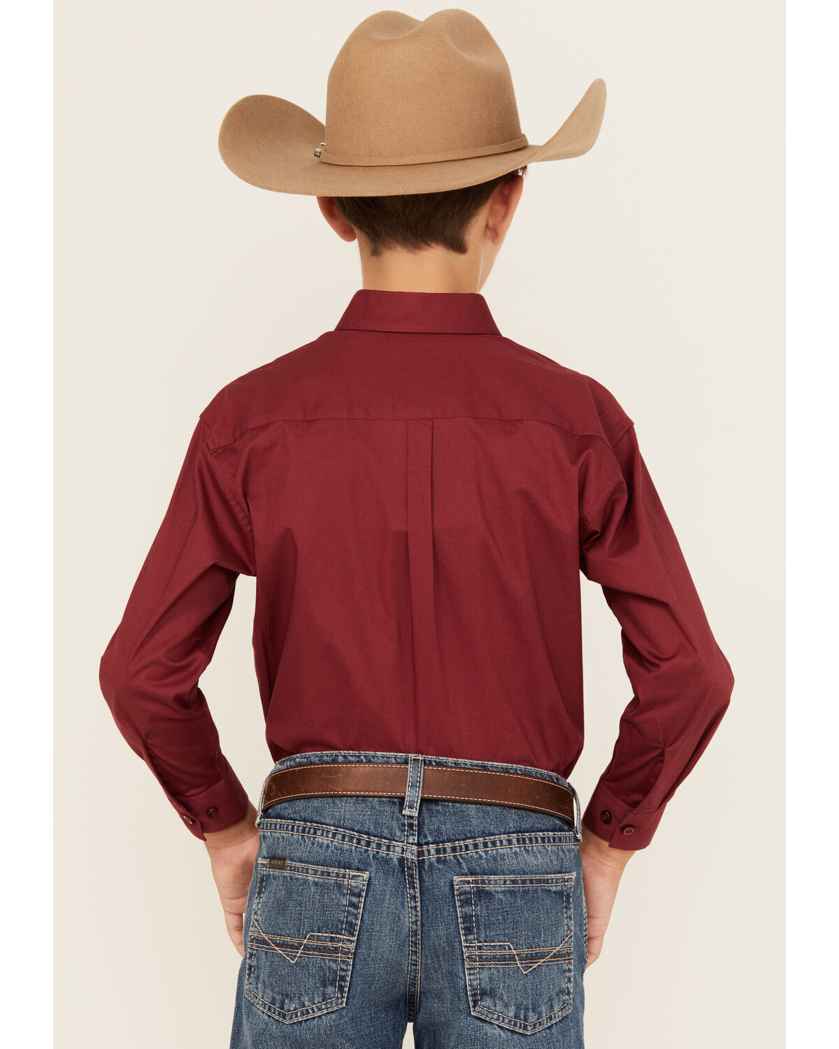 Image #4 - Panhandle Select Boys' Solid Long Sleeve Button-Down Stretch Western Shirt, Burgundy, hi-res