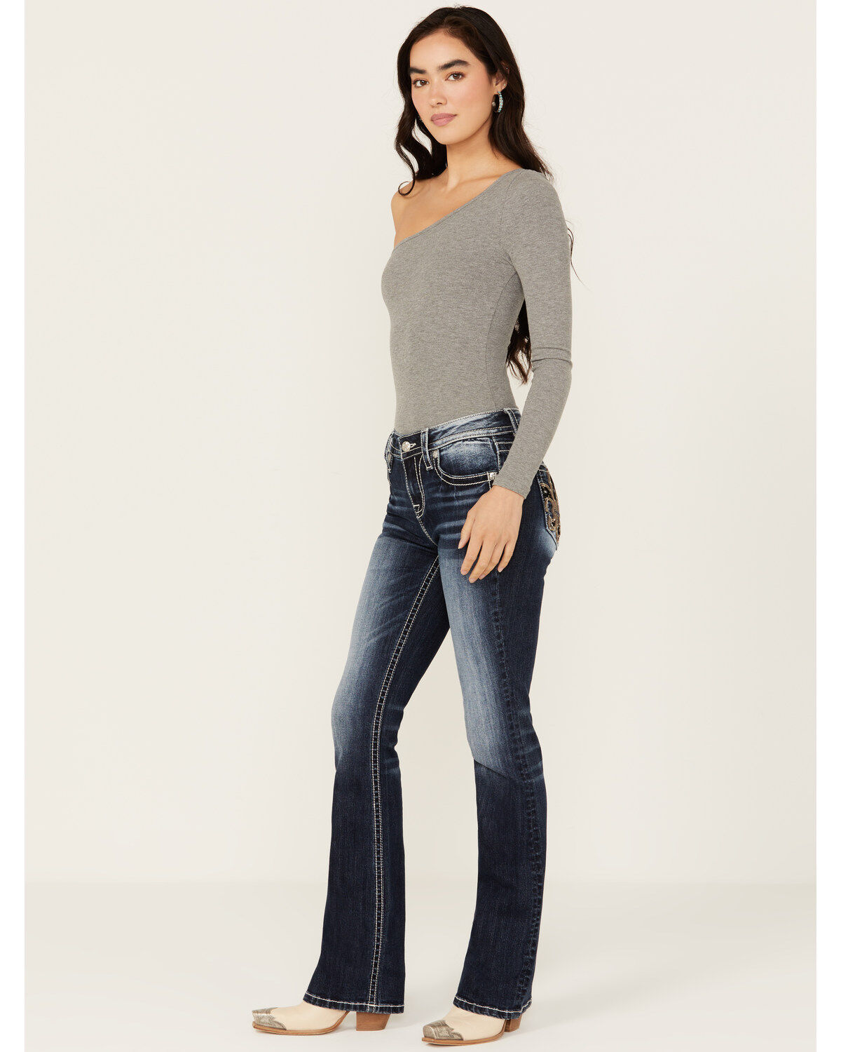 Image #3 - Miss Me Women's Dark Wash Mid Rise Fleur de Lis Bootcut Stretch Denim Jeans, , hi-res