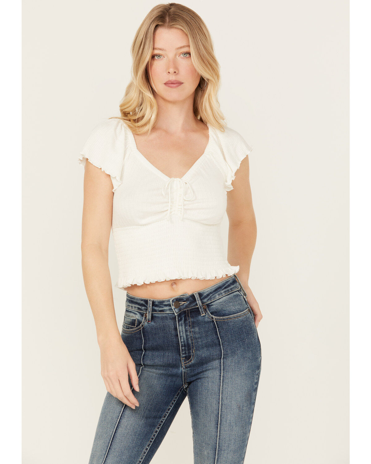 Image #2 - Idyllwind Women's Pointe Flutter Sleeve Smocked Top, Ivory, hi-res