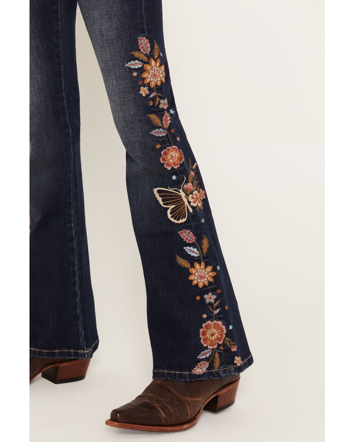 Image #2 - Grace in LA Girls' Dark Wash Floral Embroidered Flare Stretch Denim Jeans, Dark Wash, hi-res