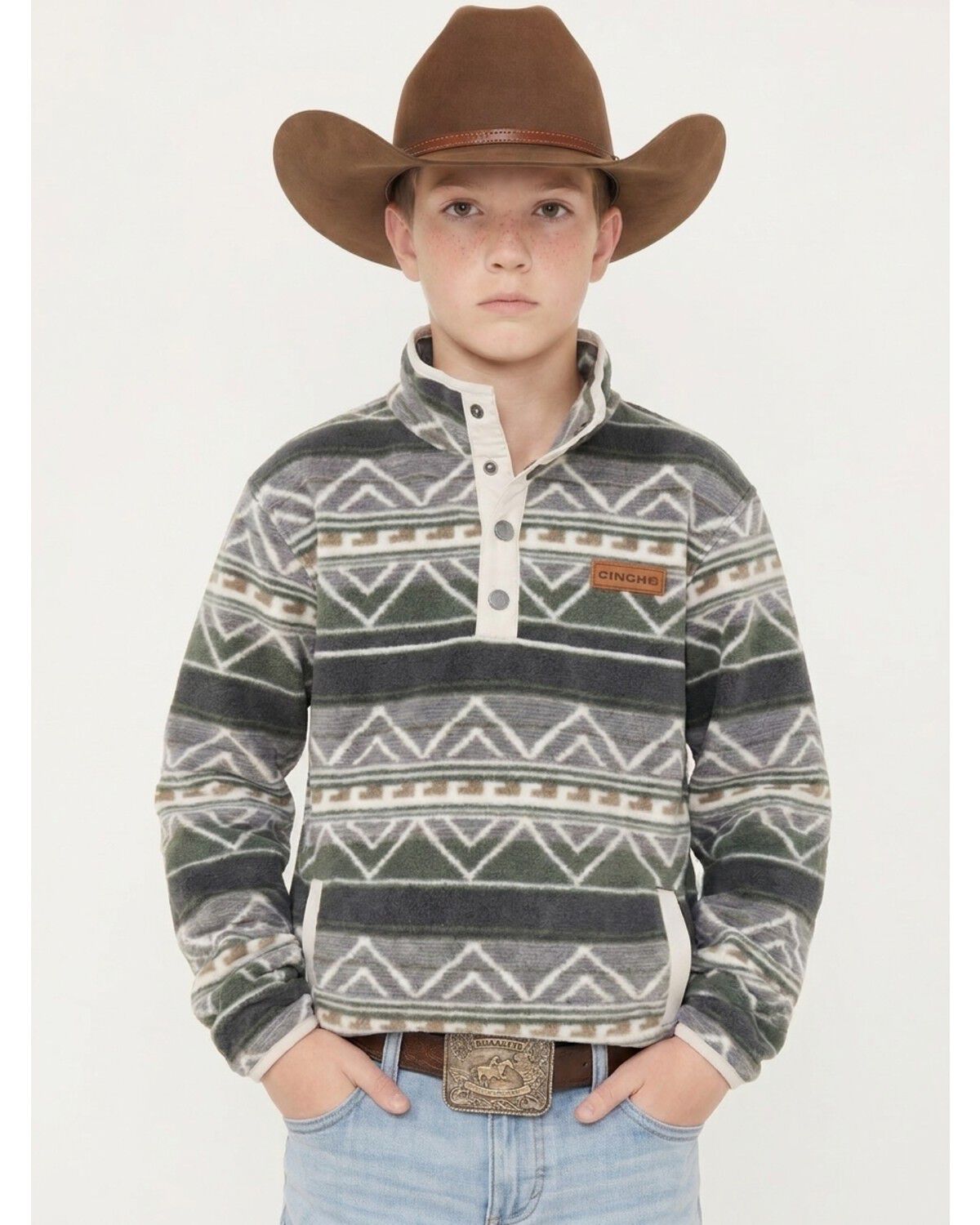 Image #1 - Cinch Boys' Southwestern Striped Polar Fleece Snap Pullover, Olive, hi-res