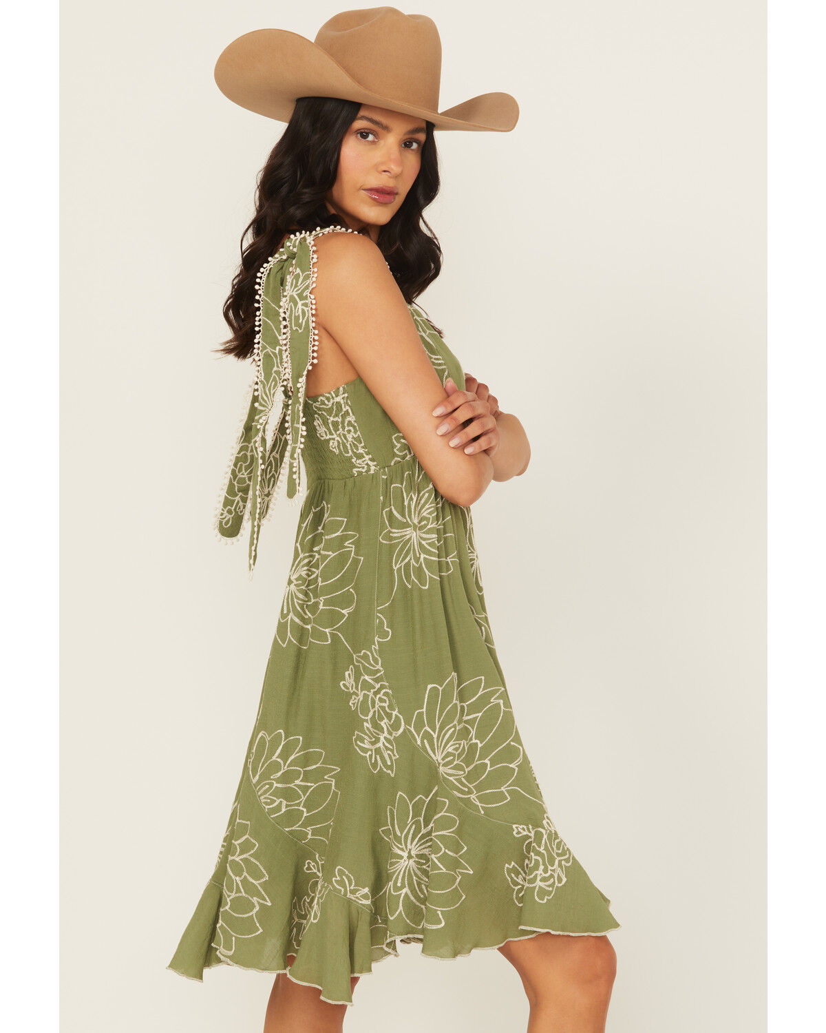 Image #2 - Wild Moss Women's Embroidered Tie Strap Mini Dress, Olive, hi-res