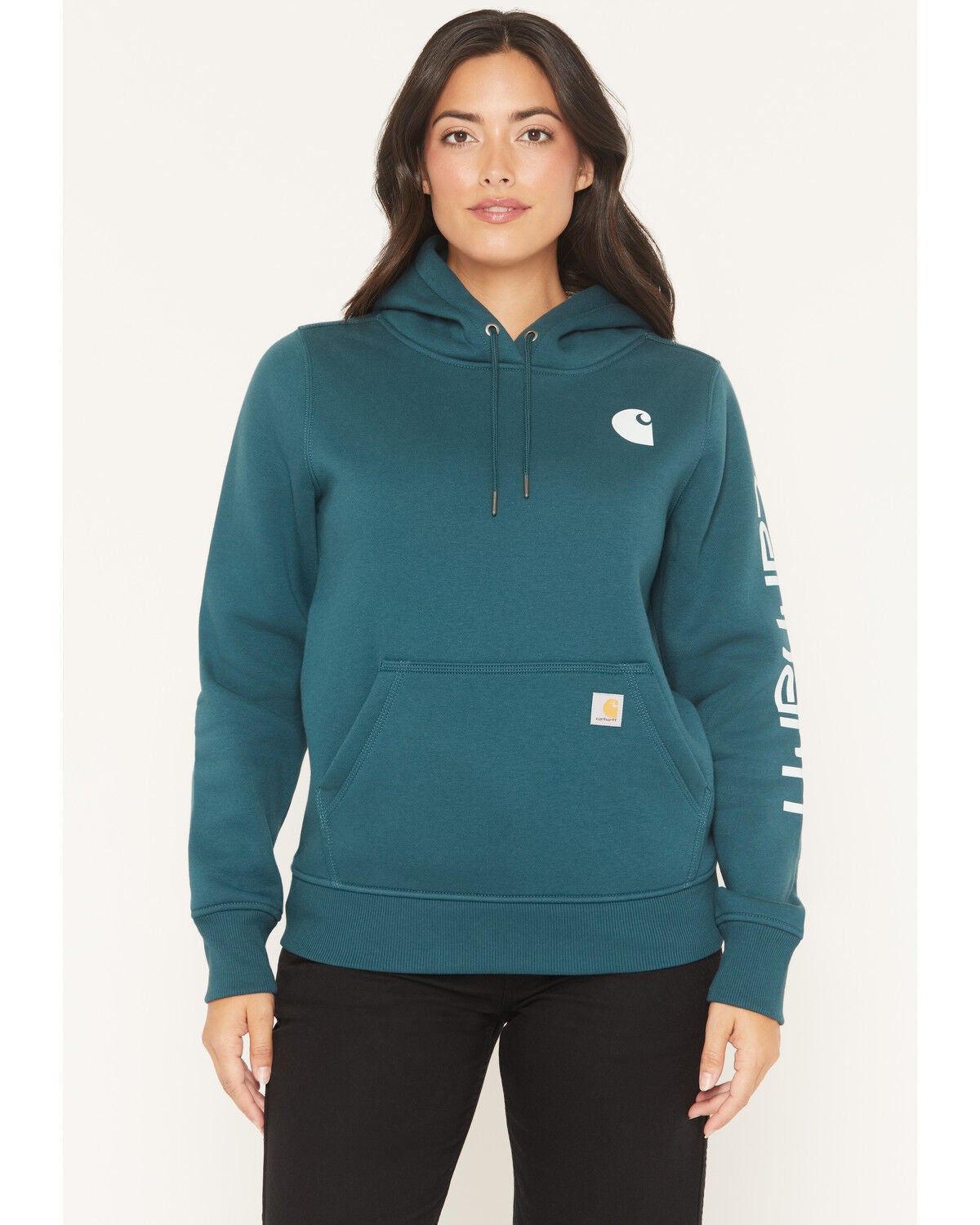 Carhartt Women's Relaxed Fit Midweight Logo Sleeve Graphic Hoodie, Green, hi-res