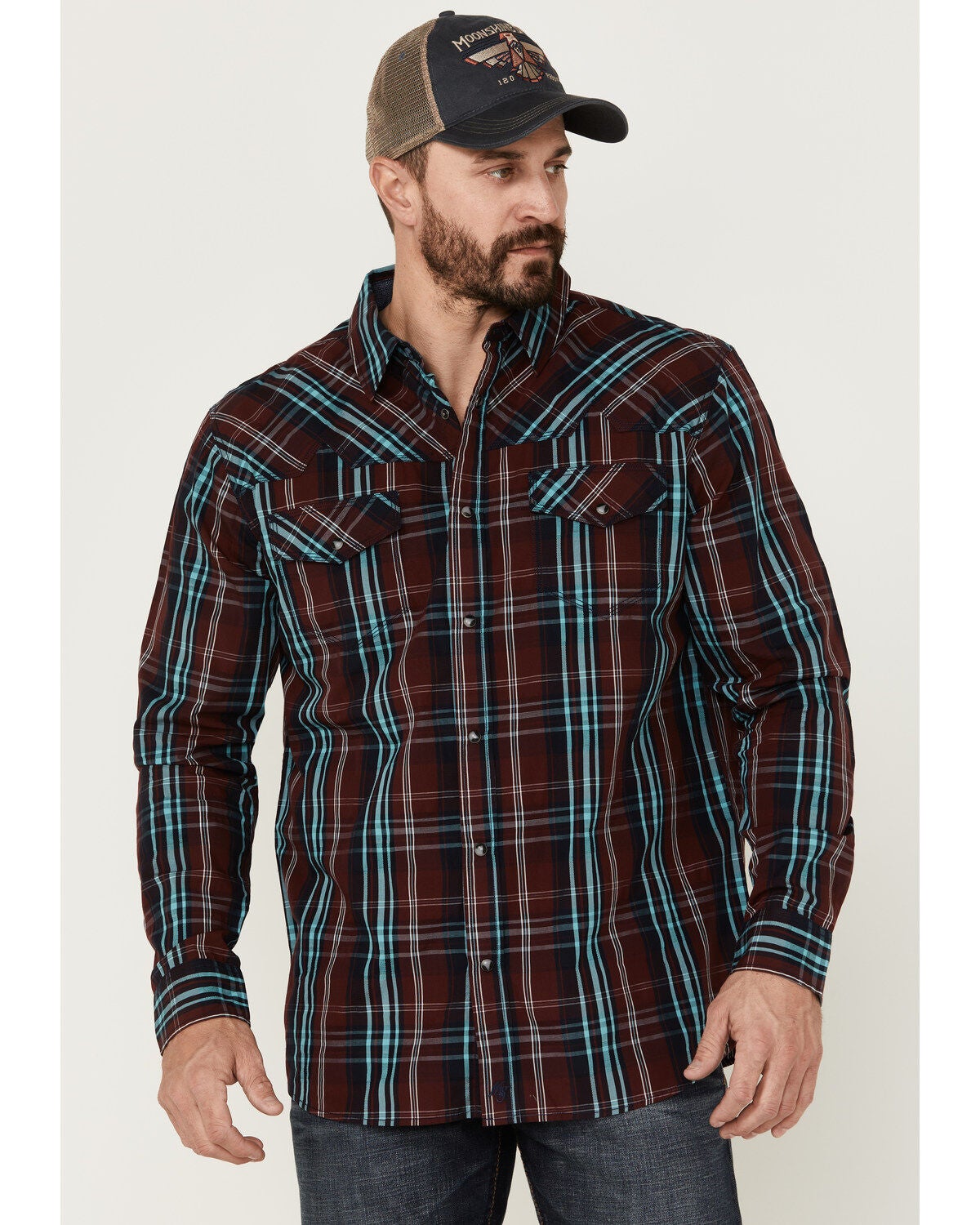 Moonshine Spirit&reg; Men's Fire Starter Large Plaid Long Sleeve Snap Western Shirt, Red, hi-res