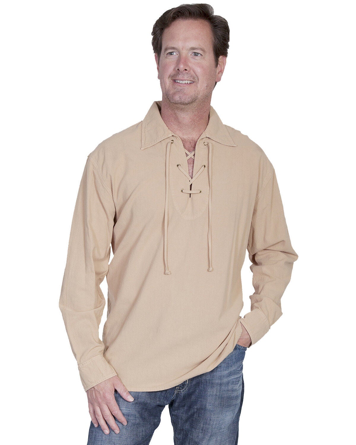 Scully Men's Cantina Lace-Up Long Sleeve Shirt, Sand, hi-res