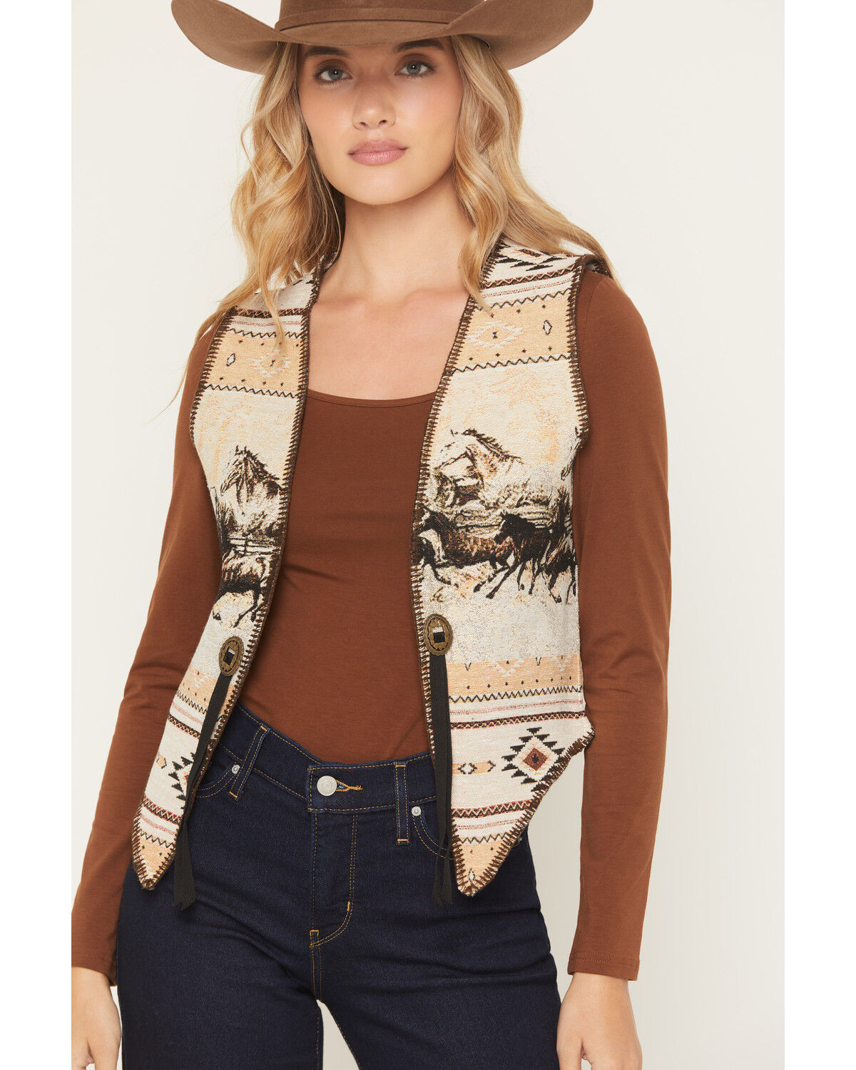 Image #2 - Fornia Women's Border Print Whip Stitch Tapestry Vest, Natural, hi-res