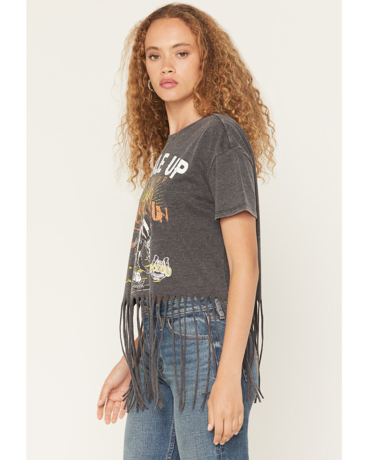 Image #2 - Blended Women's Buckle Up Fringe Short Sleeve Graphic Tee, Charcoal, hi-res