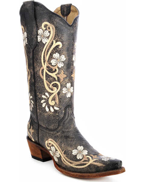 Circle G Women's Floral Embroidered Western Boots, Black, hi-res