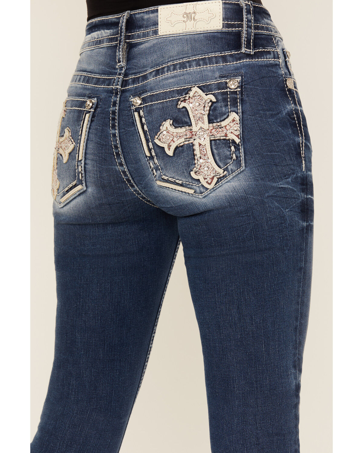 Image #2 - Miss Me Women's Dark Wash Mid Rise Cross Pocket Slim 32" Bootcut Stretch Denim Jeans, Medium Wash, hi-res