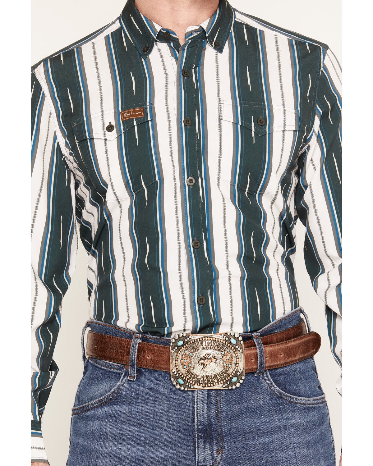 Image #3 - Zach Top X Kimes Ranch Men's Hickory Striped Long Sleeve Button-Down Western Shirt, Green, hi-res