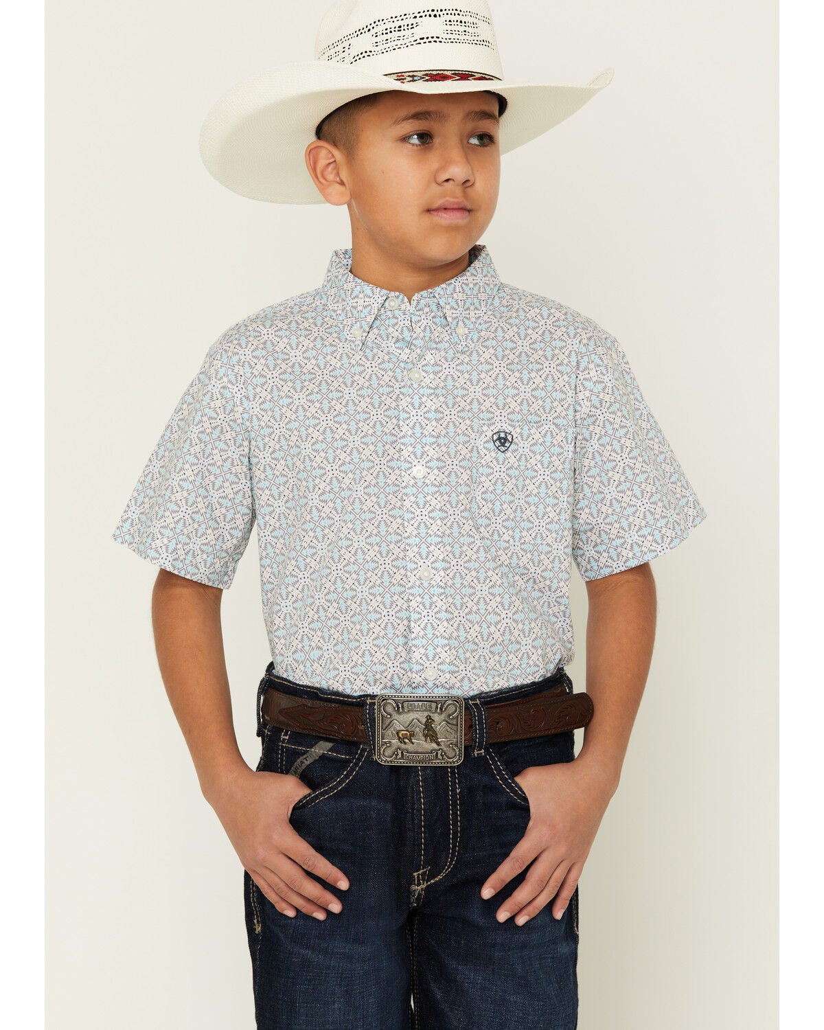 Ariat Boys' Southwestern Geo Print Short Sleeve Button-Down Western Shirt, Multi, hi-res