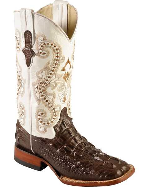 Ferrini Women's Hornback Caiman Print Western Boots - Broad Square Toe, Chocolate, hi-res